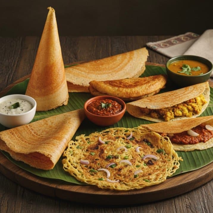 A spread of South Indian dosas with sambar and chutneys